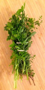 The herbs for this bouquet garni (and most, if not all other recipes) come from madre's little garden.