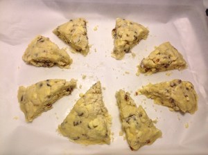 My first batch of apricot-ginger scones prior to going into the oven.